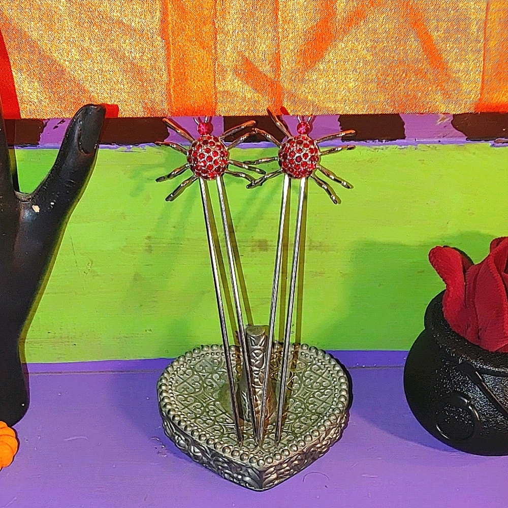 ❤Vintage Red Rhinestone Spider Bun Sticks Set❤